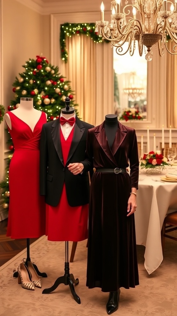 Elegant Christmas Party Outfit Ideas A collection of elegant Christmas party outfits including a red dress, black suit, and velvet dress, set against a festive backdrop.